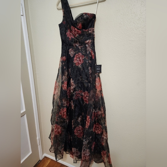 Lulus Truly Extraordinary Black Floral Organza One-Shoulder Maxi Dress S Wedding - Picture 7 of 11